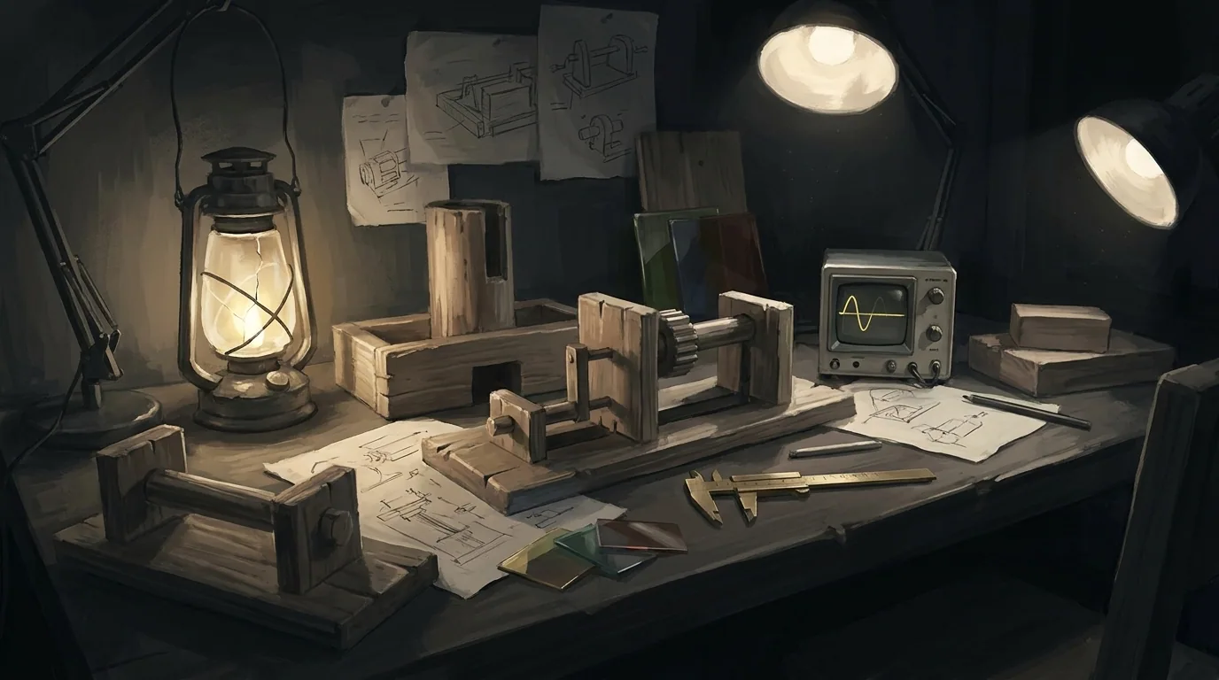 Workshop bench with prototypes, sketches, a cracked lantern
